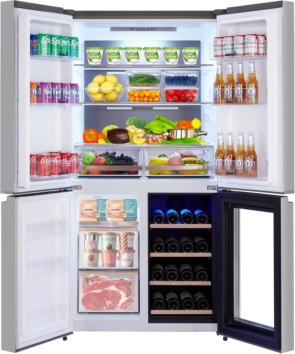 36” Counter Depth French Door Refrigerator | 21 Cu. Ft. 4-Door Stainless Steel Fridge with Wine Cabinet