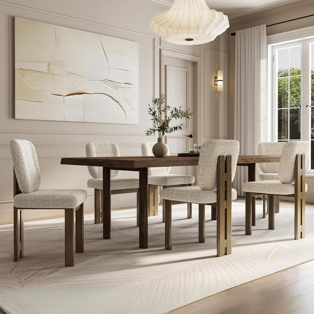 CIMOTA Modern Boucle Dining Chairs Set of 4 | Beige Upholstered Armless Chairs with Curved Back & Walnut Wood Legs