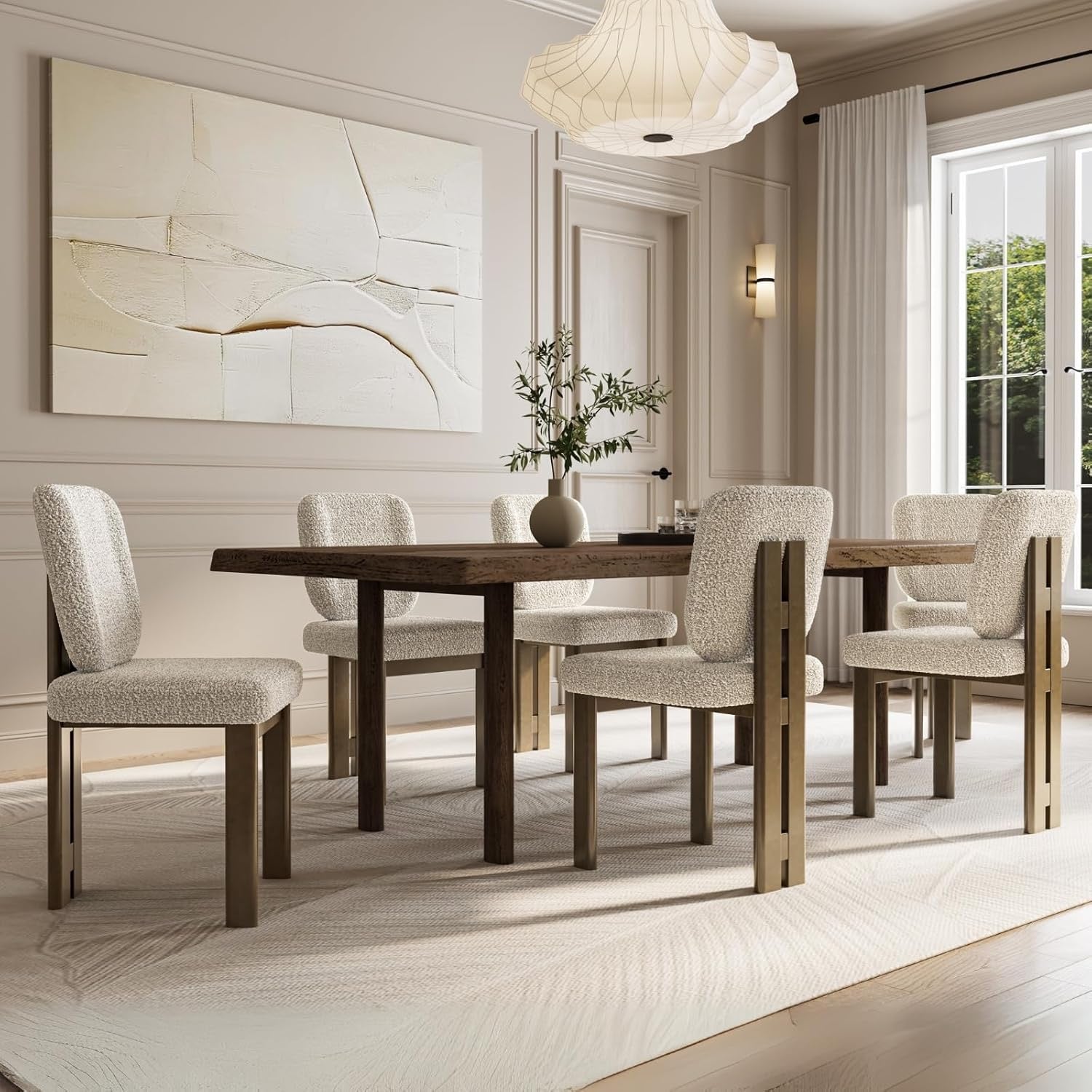 CIMOTA Modern Boucle Dining Chairs Set of 4 | Beige Upholstered Armless Chairs with Curved Back & Walnut Wood Legs