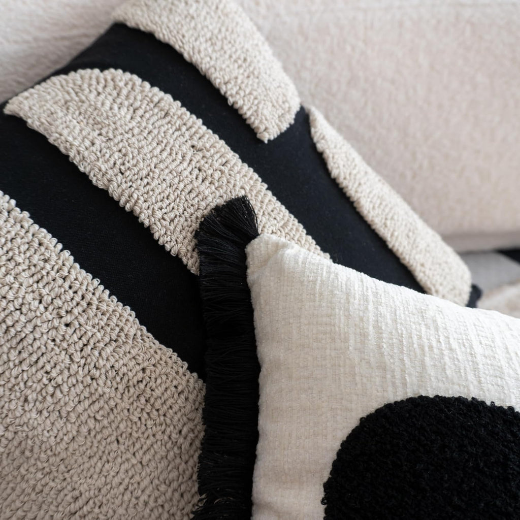 Black & Cream Boho Tufted Pillow Cover | Geometric Woven Decorative Throw Pillow – 18x18
