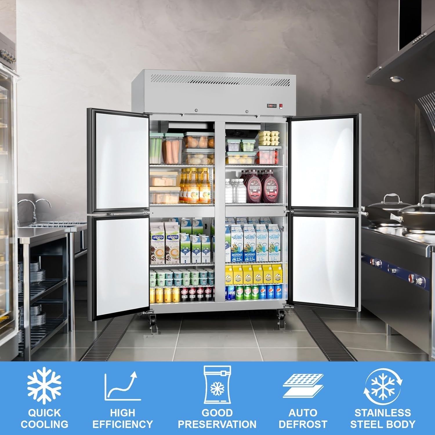 48" Commercial Stainless Steel Reach-In Refrigerator | 4-Door Upright Fridge, 36 Cu. Ft.