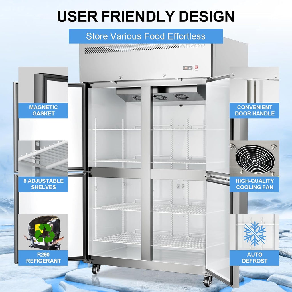 48" Commercial Stainless Steel Reach-In Refrigerator | 4-Door Upright Fridge, 36 Cu. Ft.