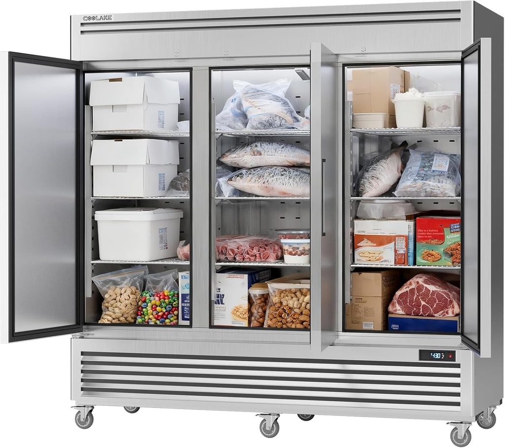 Coolake 82" Commercial Reach-In Freezer | 3-Door Stainless Steel Upright Freezer, 72 Cu. Ft.