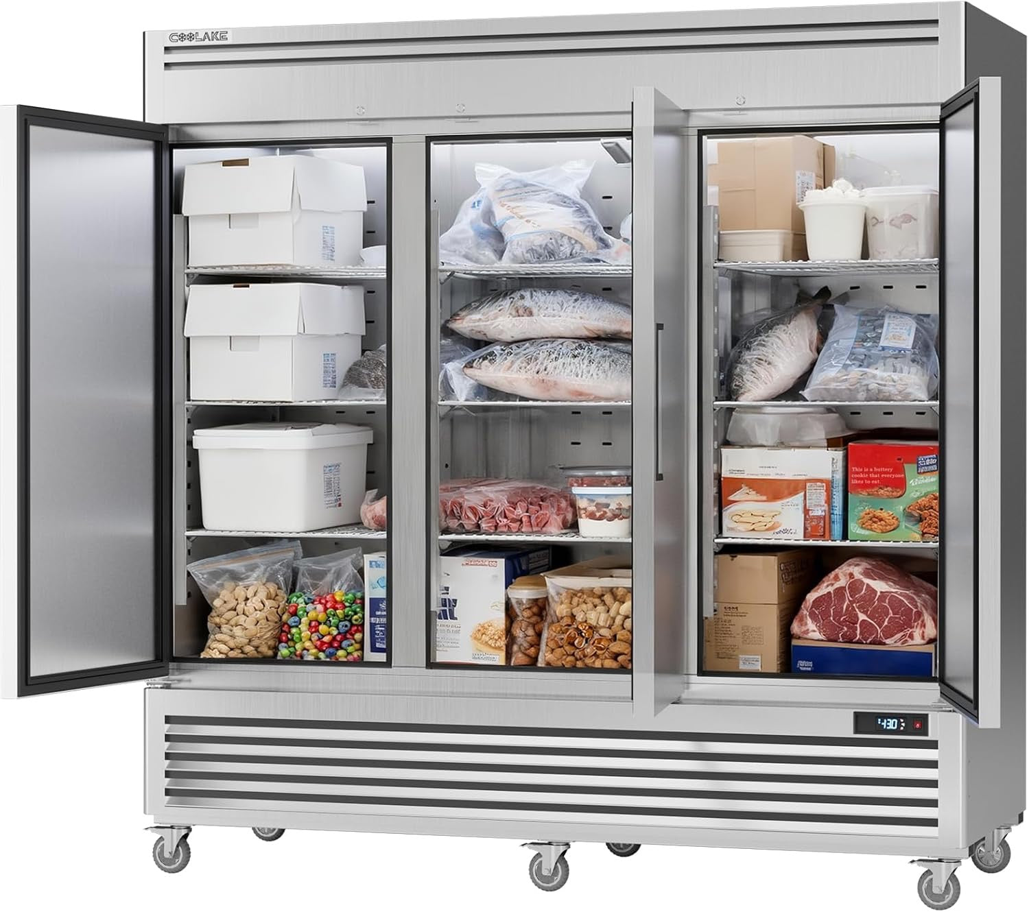 Coolake 82" Commercial Reach-In Freezer | 3-Door Stainless Steel Upright Freezer, 72 Cu. Ft.