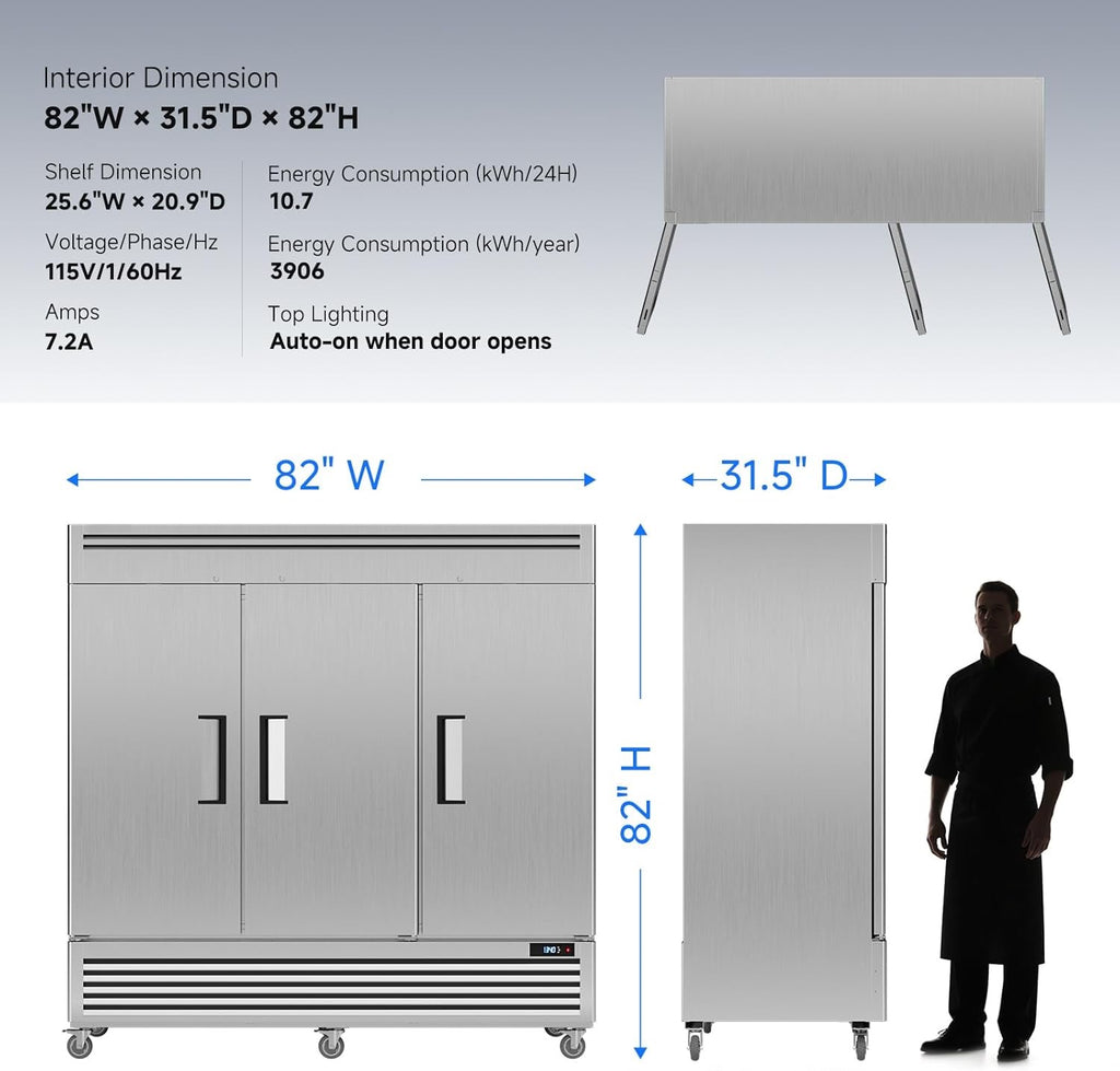 Coolake 82" Commercial Reach-In Freezer | 3-Door Stainless Steel Upright Freezer, 72 Cu. Ft.