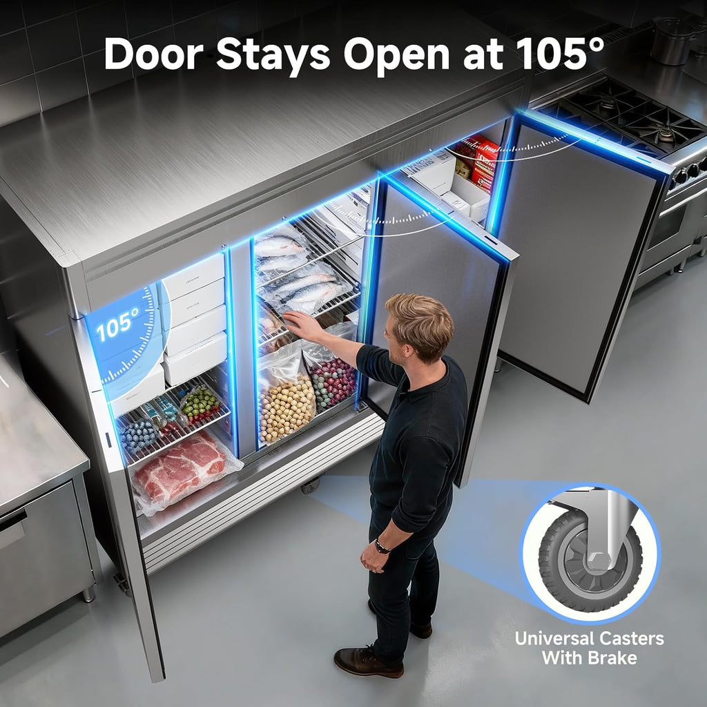 Coolake 82" Commercial Reach-In Freezer | 3-Door Stainless Steel Upright Freezer, 72 Cu. Ft.