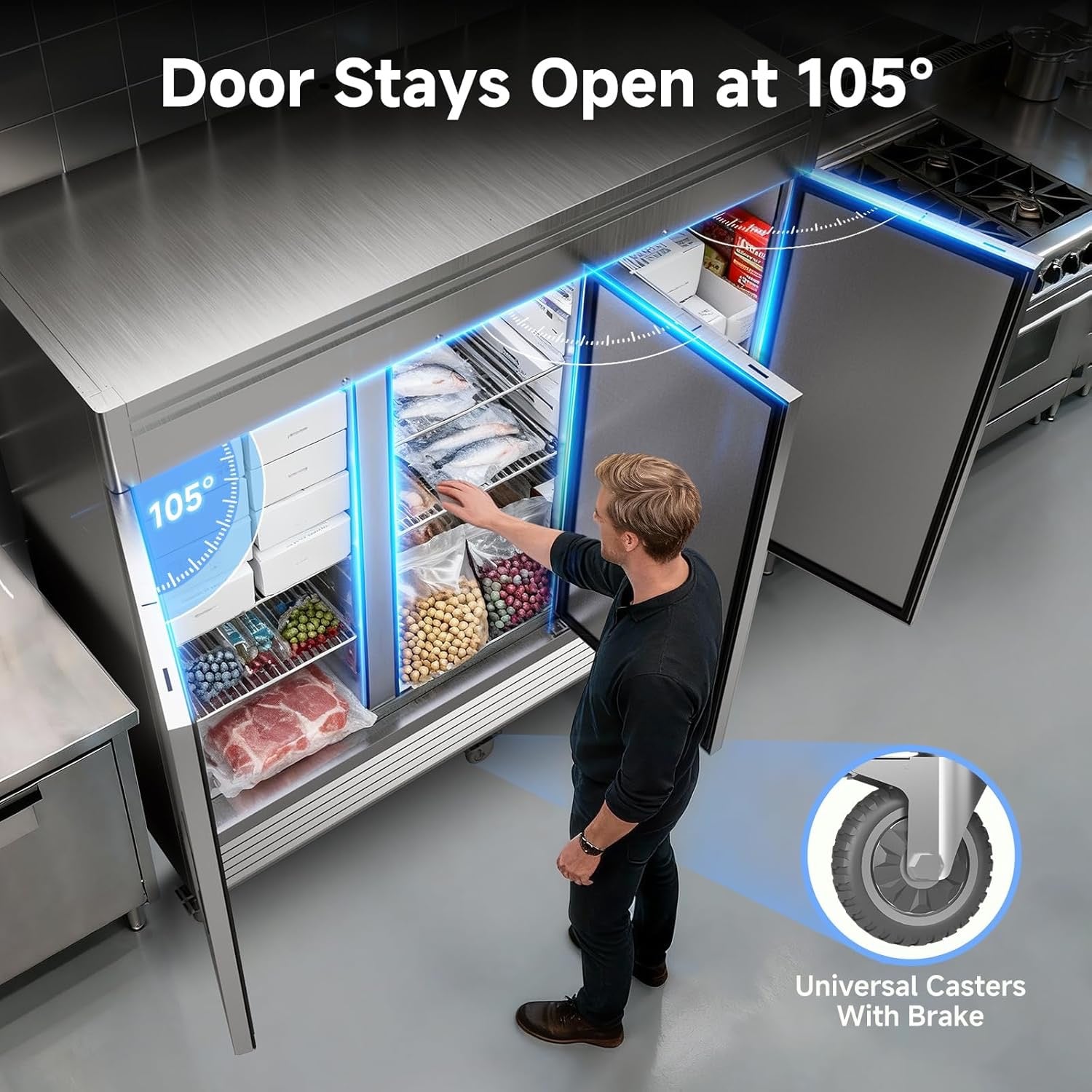 Coolake 82" Commercial Reach-In Freezer | 3-Door Stainless Steel Upright Freezer, 72 Cu. Ft.