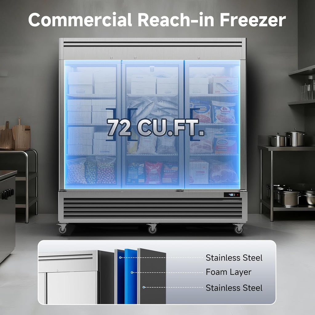 Coolake 82" Commercial Reach-In Freezer | 3-Door Stainless Steel Upright Freezer, 72 Cu. Ft.