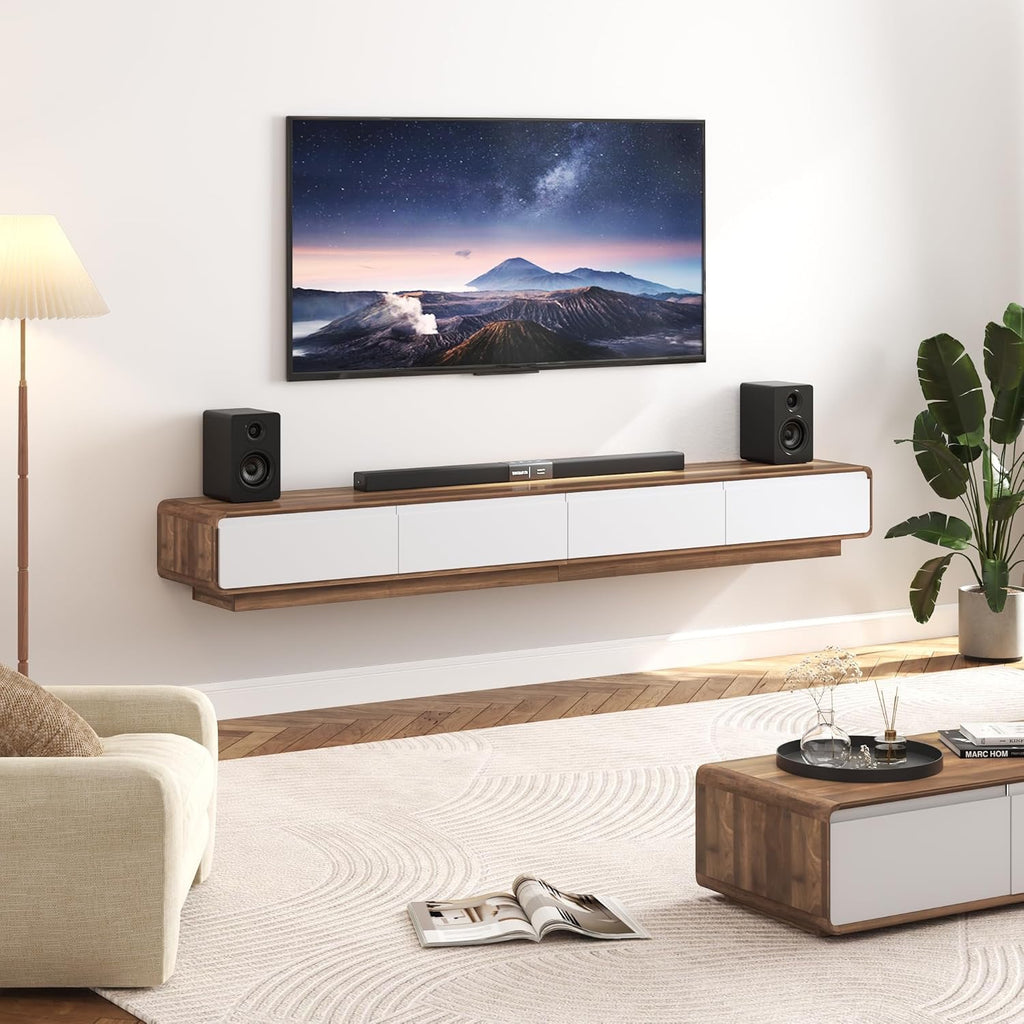 94.5” Floating TV Stand | Modern Wall-Mounted Media Console with Drawers (White & Walnut)