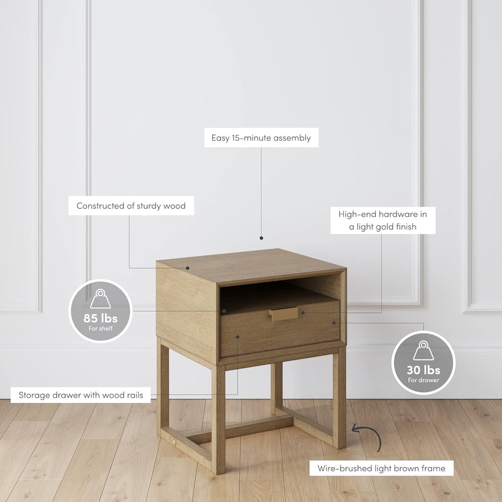 Nathan James Luke Modern Nightstand | Light Brown Wood Side Table with Storage Drawer