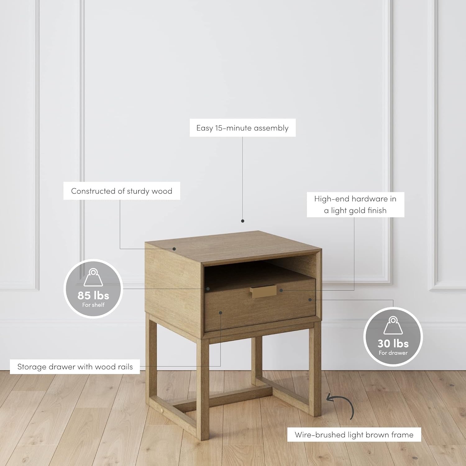 Nathan James Luke Modern Nightstand | Light Brown Wood Side Table with Storage Drawer
