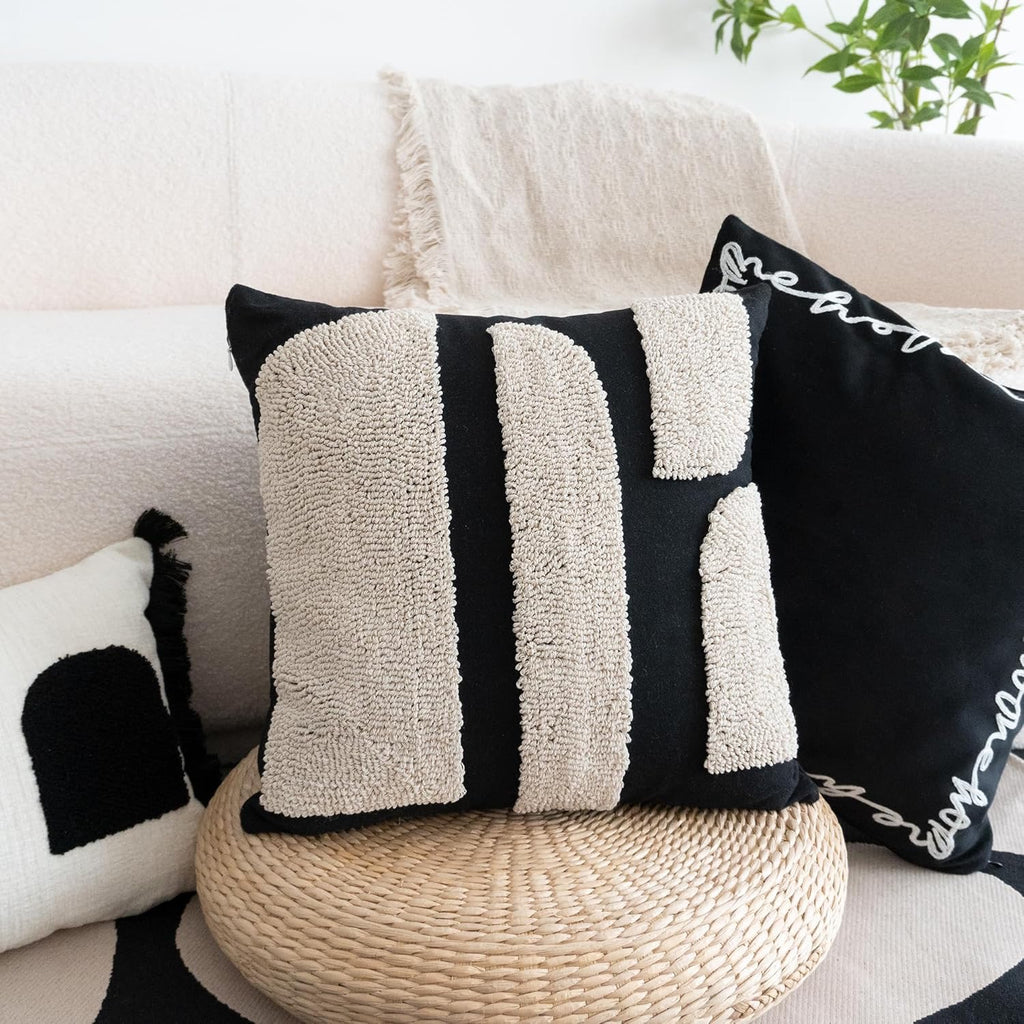 Black & Cream Boho Tufted Pillow Cover | Geometric Woven Decorative Throw Pillow – 18x18