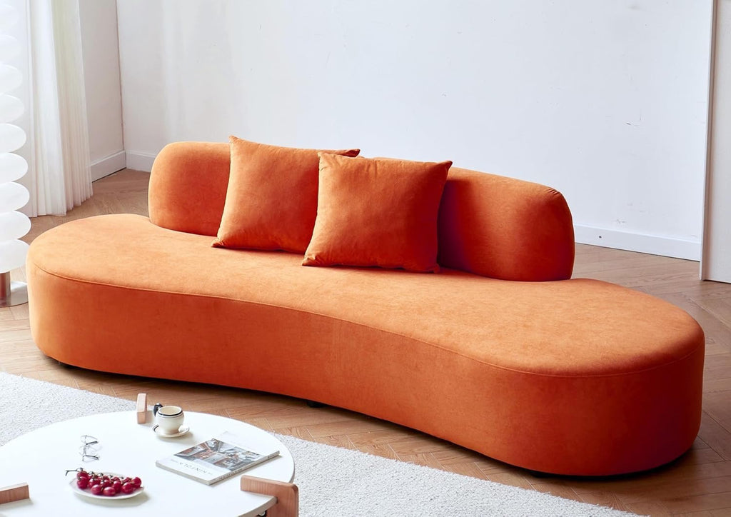 90” Curved Velvet Sofa (4-Seater) | Half-Moon Design with Throw Pillows, Red-Orange