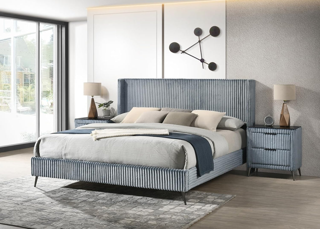 Blue Corduroy King Bed Set with Nightstands & Bench | Upholstered Panel Bed Bedroom Set