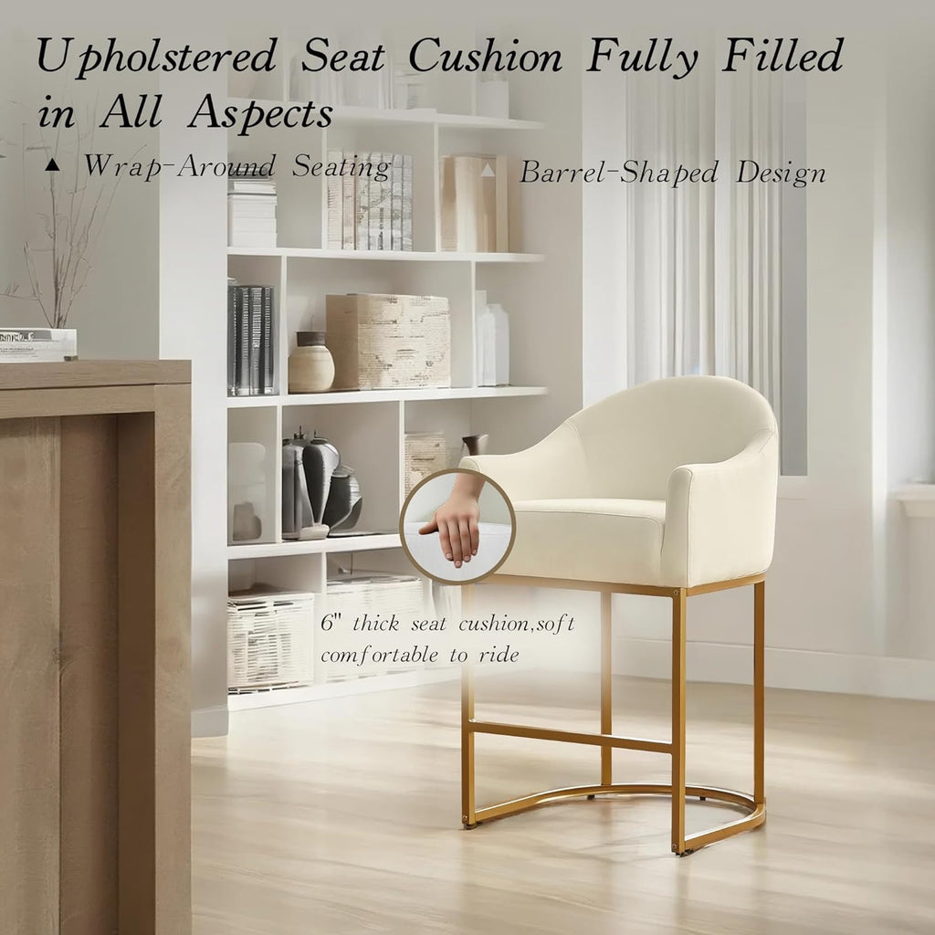Counter Height Barrel Bar Stools Set of 3 Off White Linen | Modern Upholstered Kitchen Island Chairs with Gold Frame