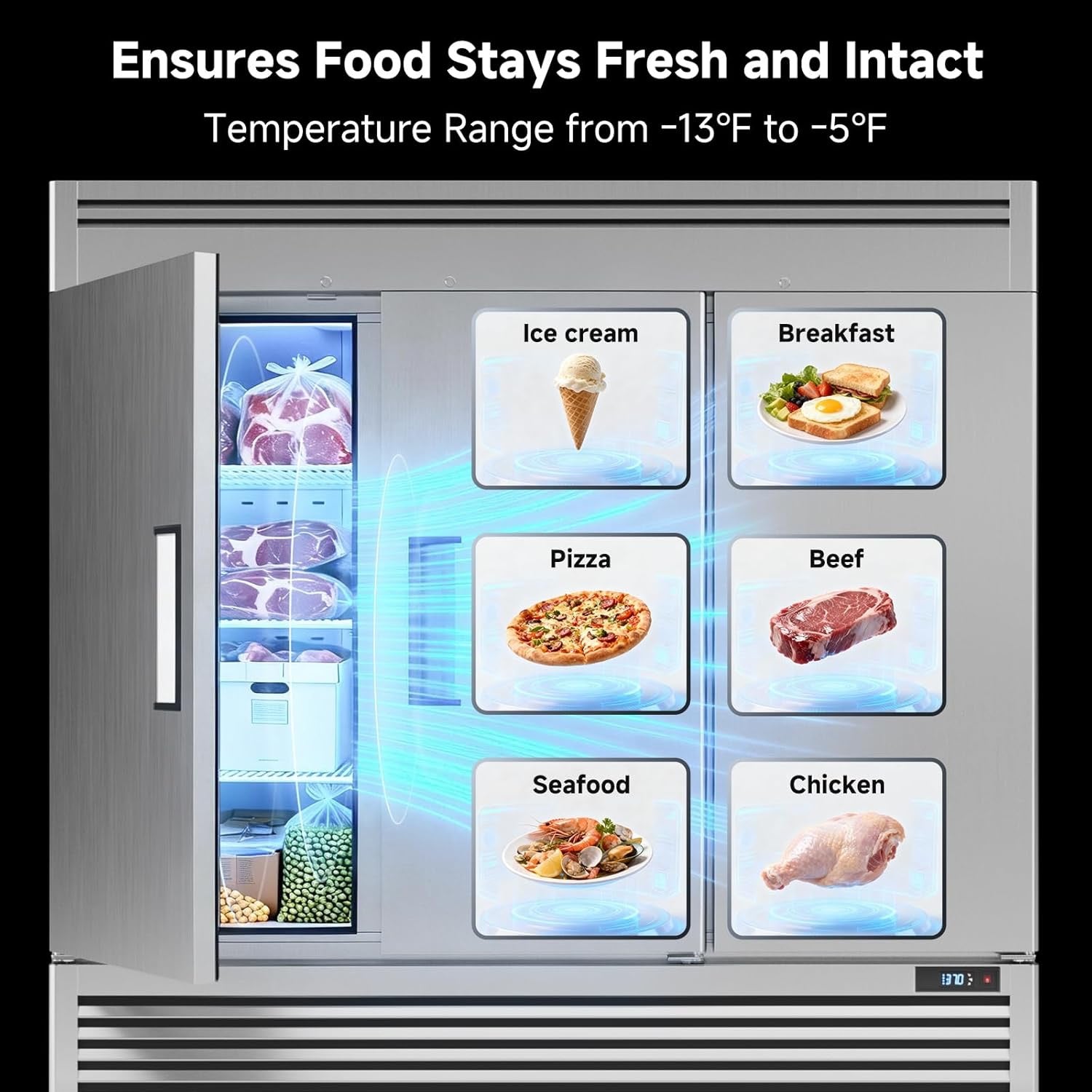 Coolake 82" Commercial Reach-In Freezer | 3-Door Stainless Steel Upright Freezer, 72 Cu. Ft.