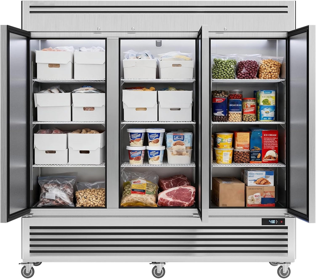 Coolake 82" Commercial Reach-In Freezer | 3-Door Stainless Steel Upright Freezer, 72 Cu. Ft.