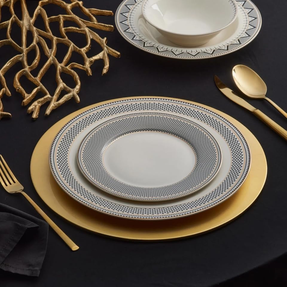 Karaca Globe 24 Piece Dinnerware Set for 6 | Modern Porcelain Plates Bowls Set White Black Geometric Design