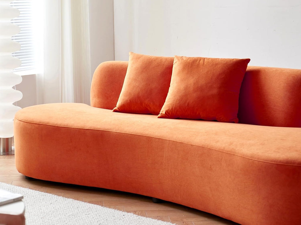 90” Curved Velvet Sofa (4-Seater) | Half-Moon Design with Throw Pillows, Red-Orange