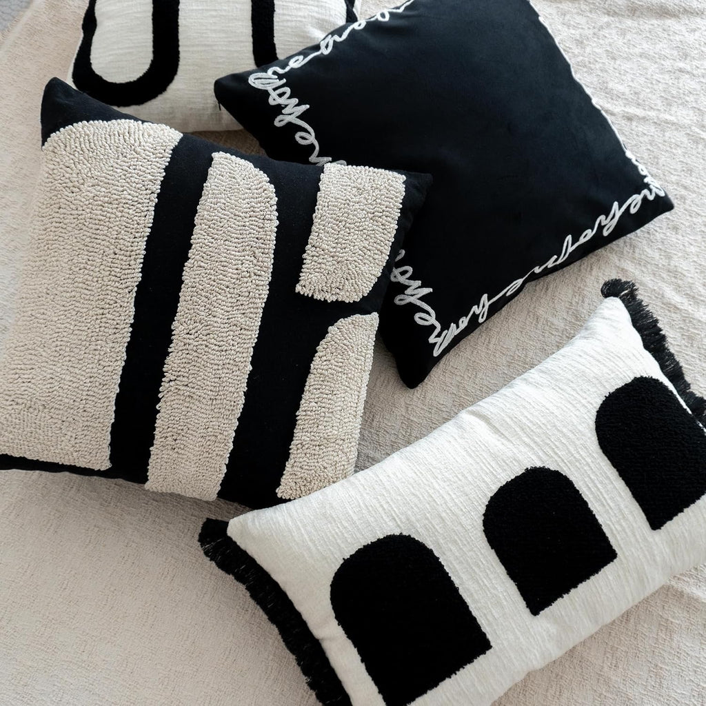 Black & Cream Boho Tufted Pillow Cover | Geometric Woven Decorative Throw Pillow – 18x18
