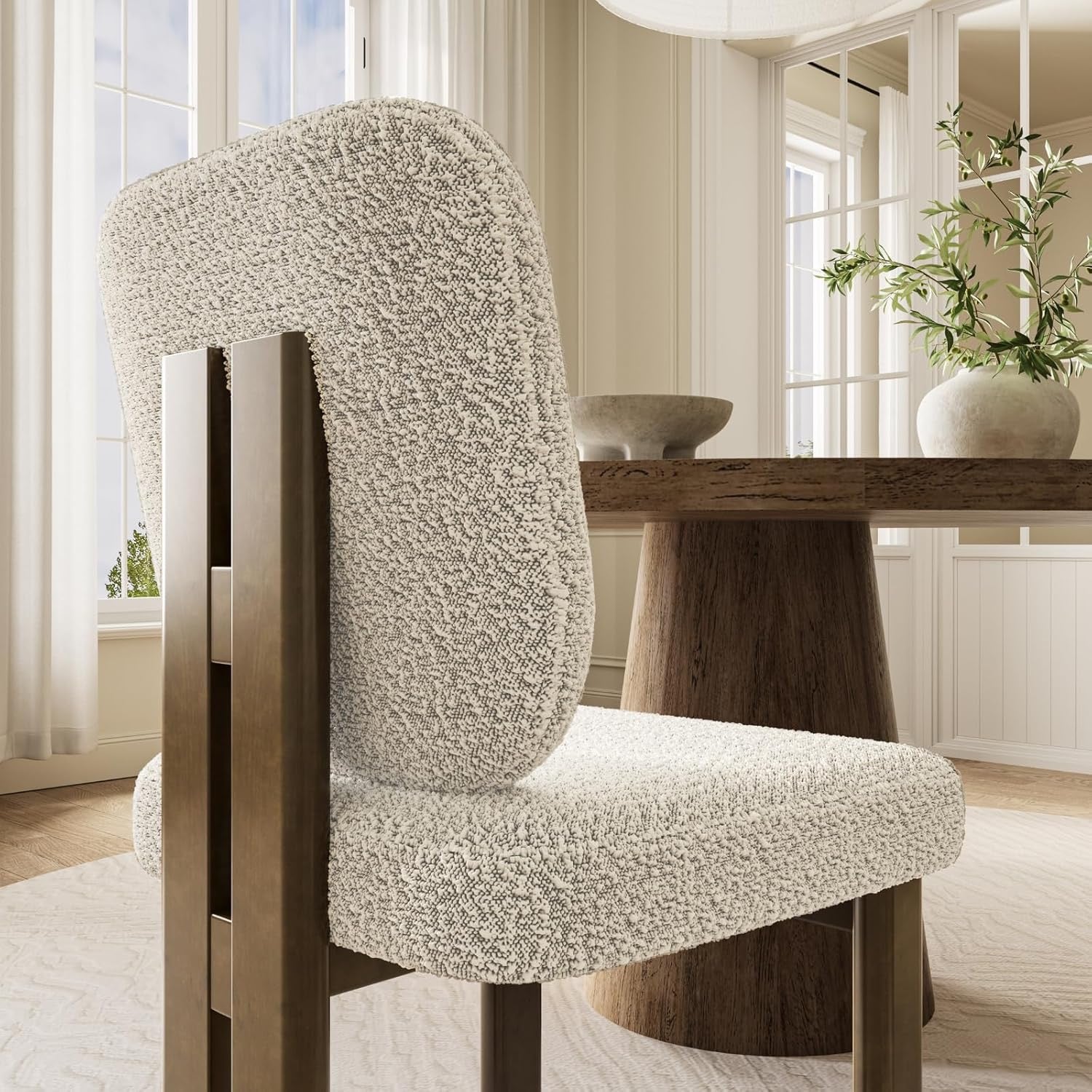CIMOTA Modern Boucle Dining Chairs Set of 4 | Beige Upholstered Armless Chairs with Curved Back & Walnut Wood Legs