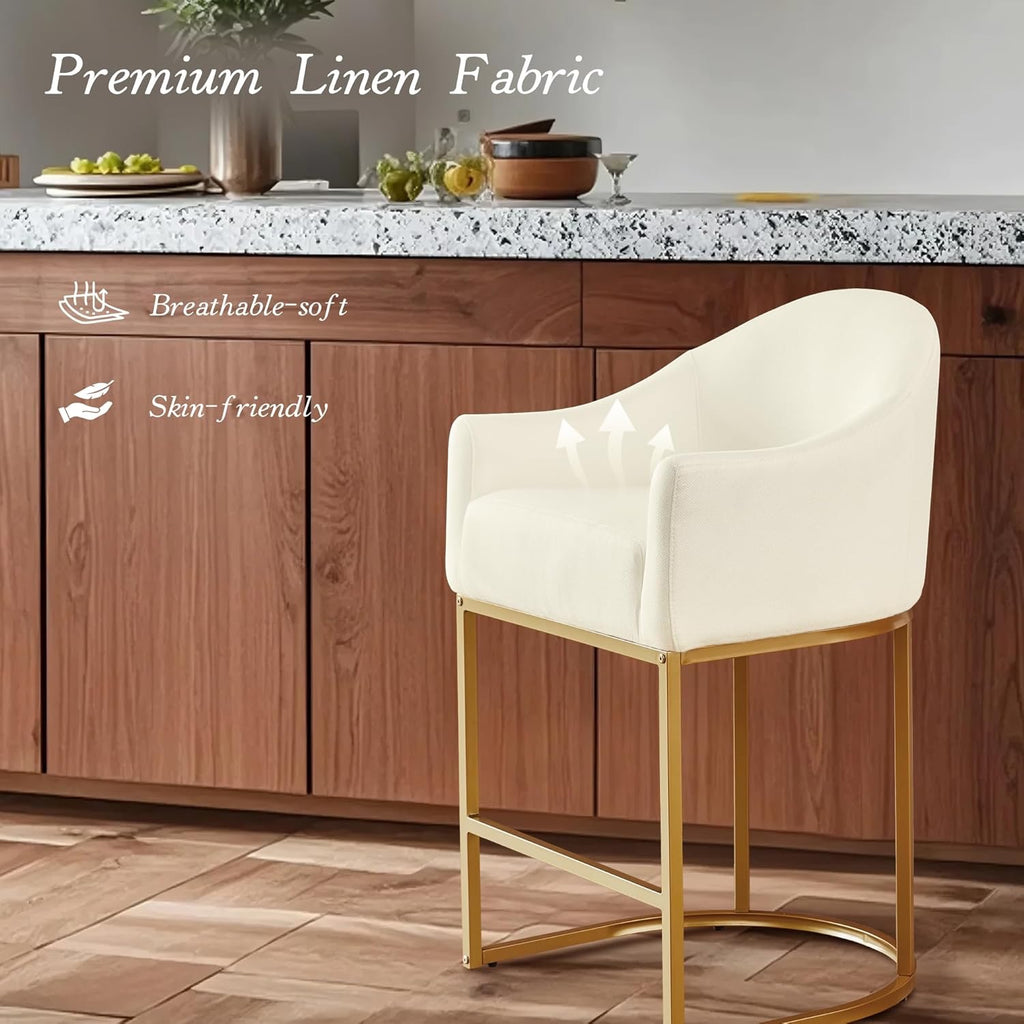 Counter Height Barrel Bar Stools Set of 3 Off White Linen | Modern Upholstered Kitchen Island Chairs with Gold Frame