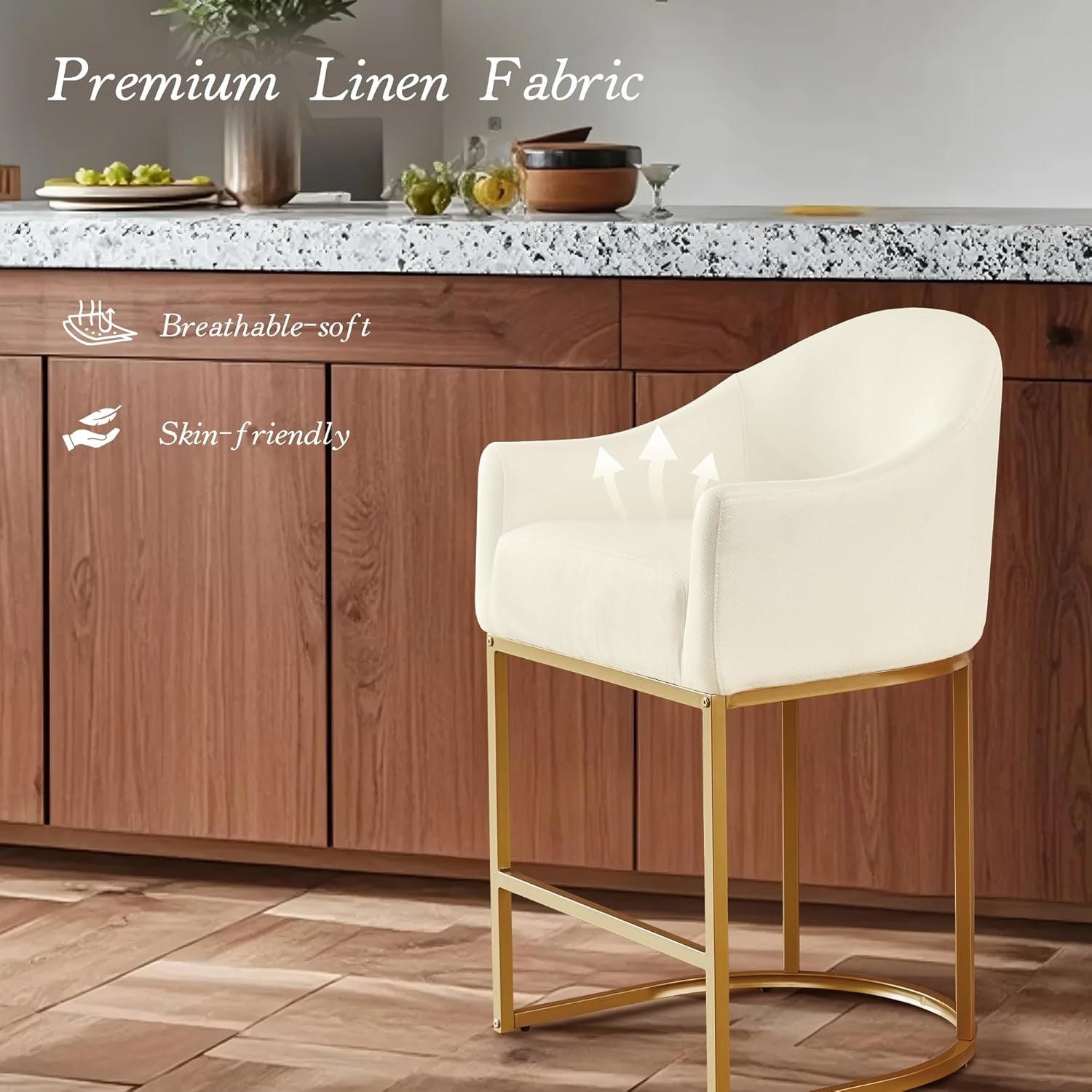 Counter Height Barrel Bar Stools Set of 3 Off White Linen | Modern Upholstered Kitchen Island Chairs with Gold Frame