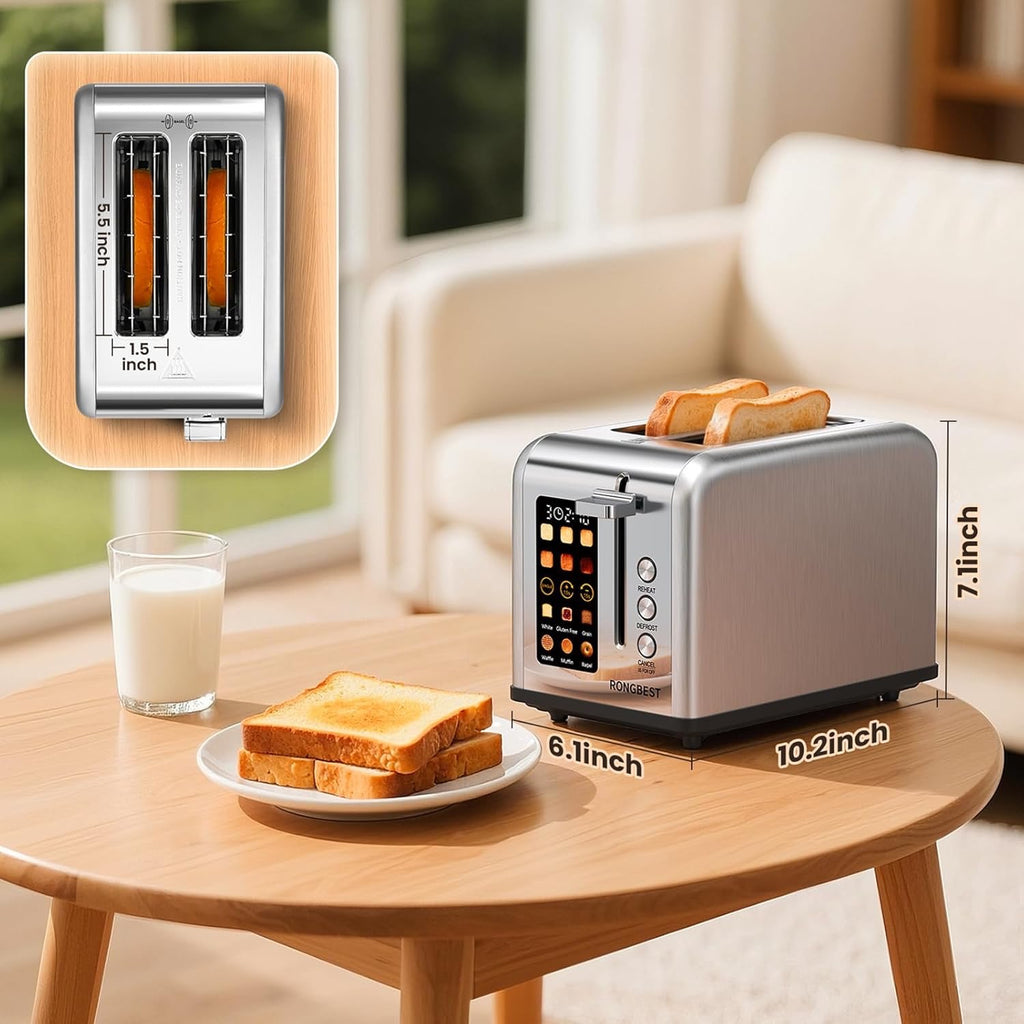 2-Slice Touchscreen Stainless Steel Toaster | Wide Slot Toaster with Reheat & Defrost