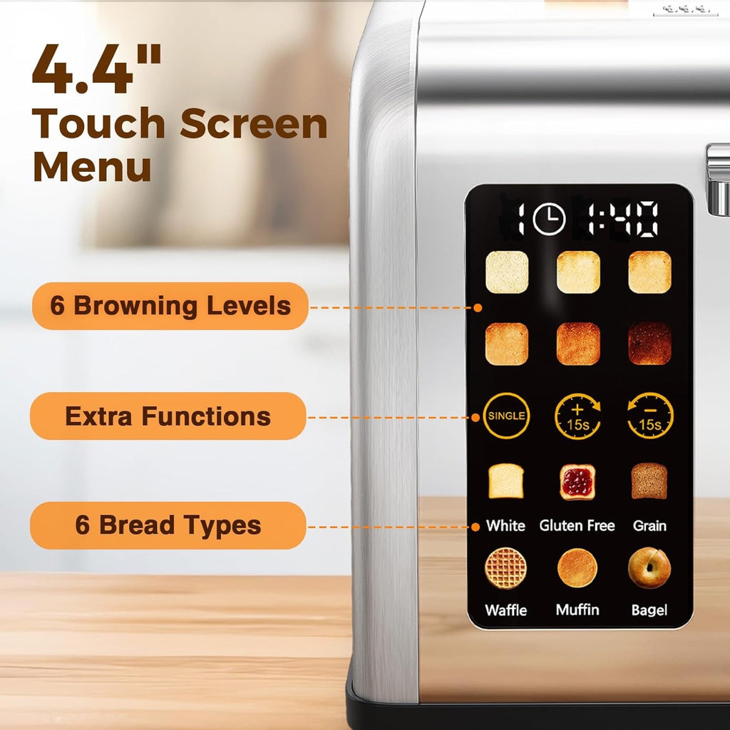2-Slice Touchscreen Stainless Steel Toaster | Wide Slot Toaster with Reheat & Defrost