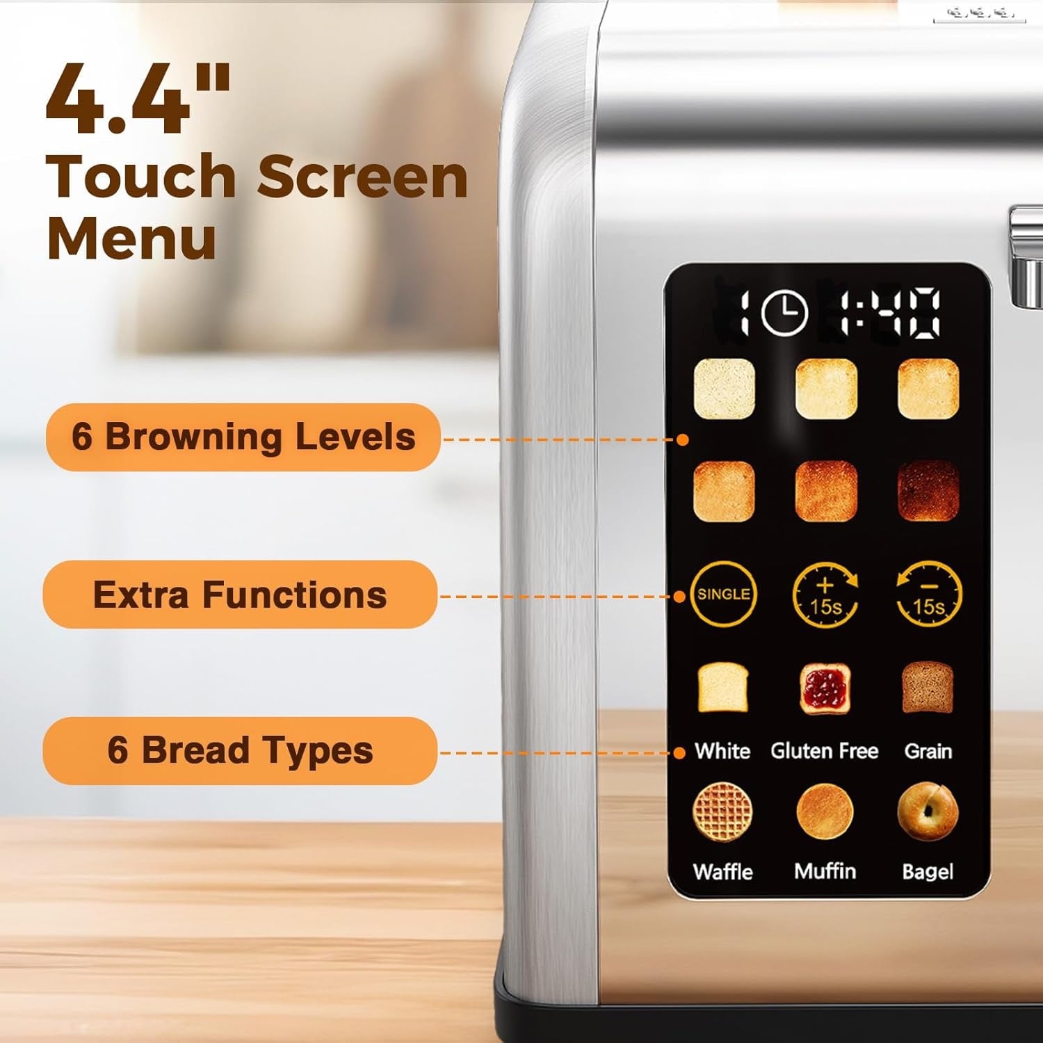 2-Slice Touchscreen Stainless Steel Toaster | Wide Slot Toaster with Reheat & Defrost
