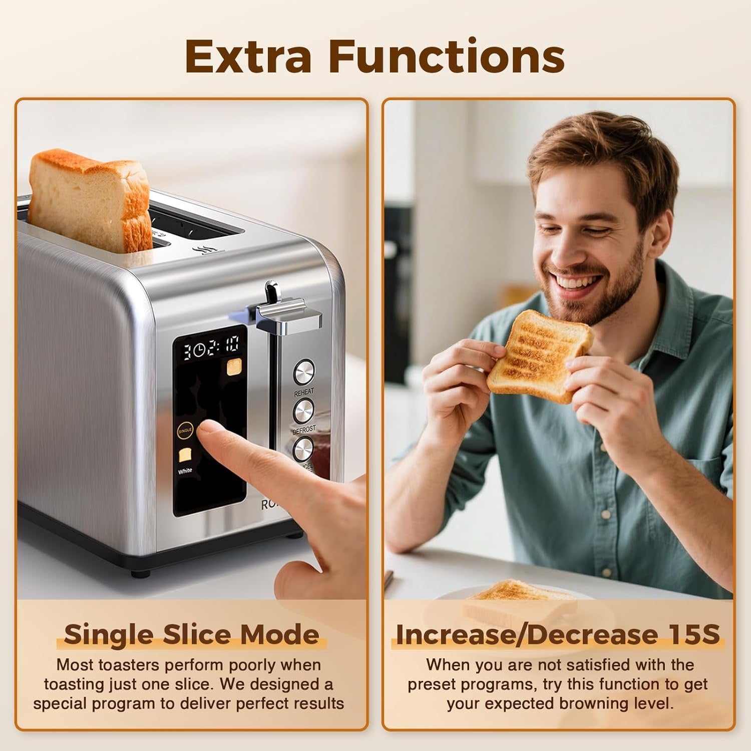 2-Slice Touchscreen Stainless Steel Toaster | Wide Slot Toaster with Reheat & Defrost