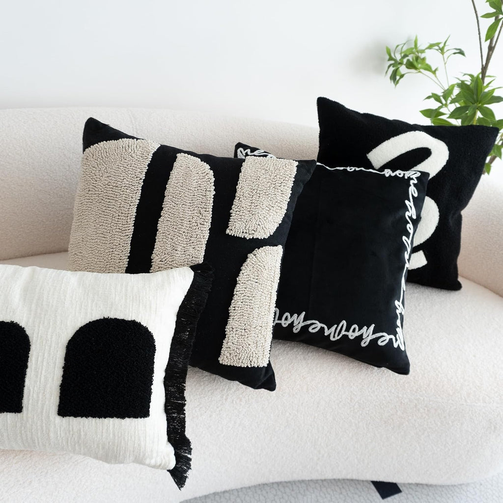 Black & Cream Boho Tufted Pillow Cover | Geometric Woven Decorative Throw Pillow – 18x18