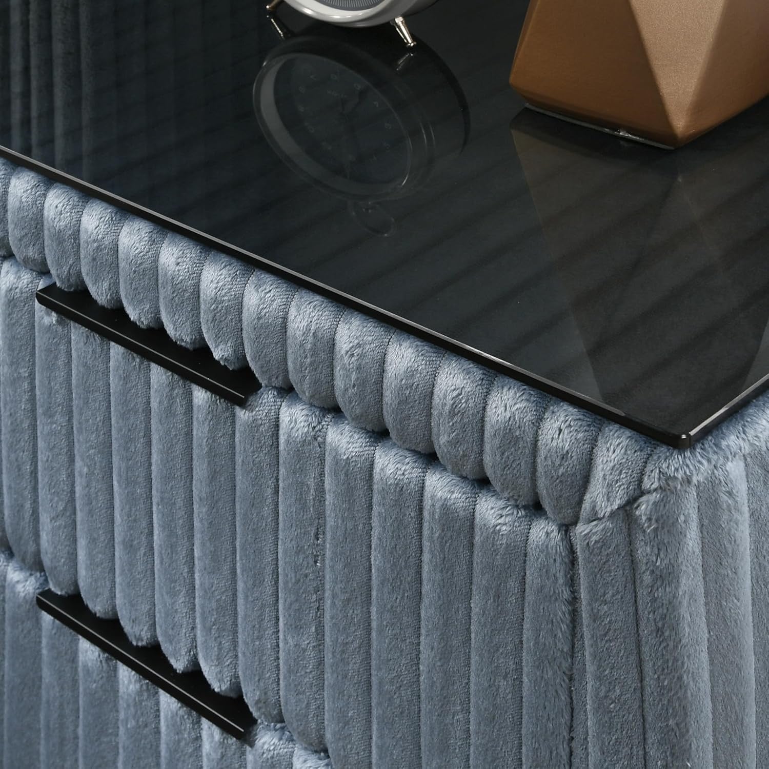 Blue Corduroy King Bed Set with Nightstands & Bench | Upholstered Panel Bed Bedroom Set