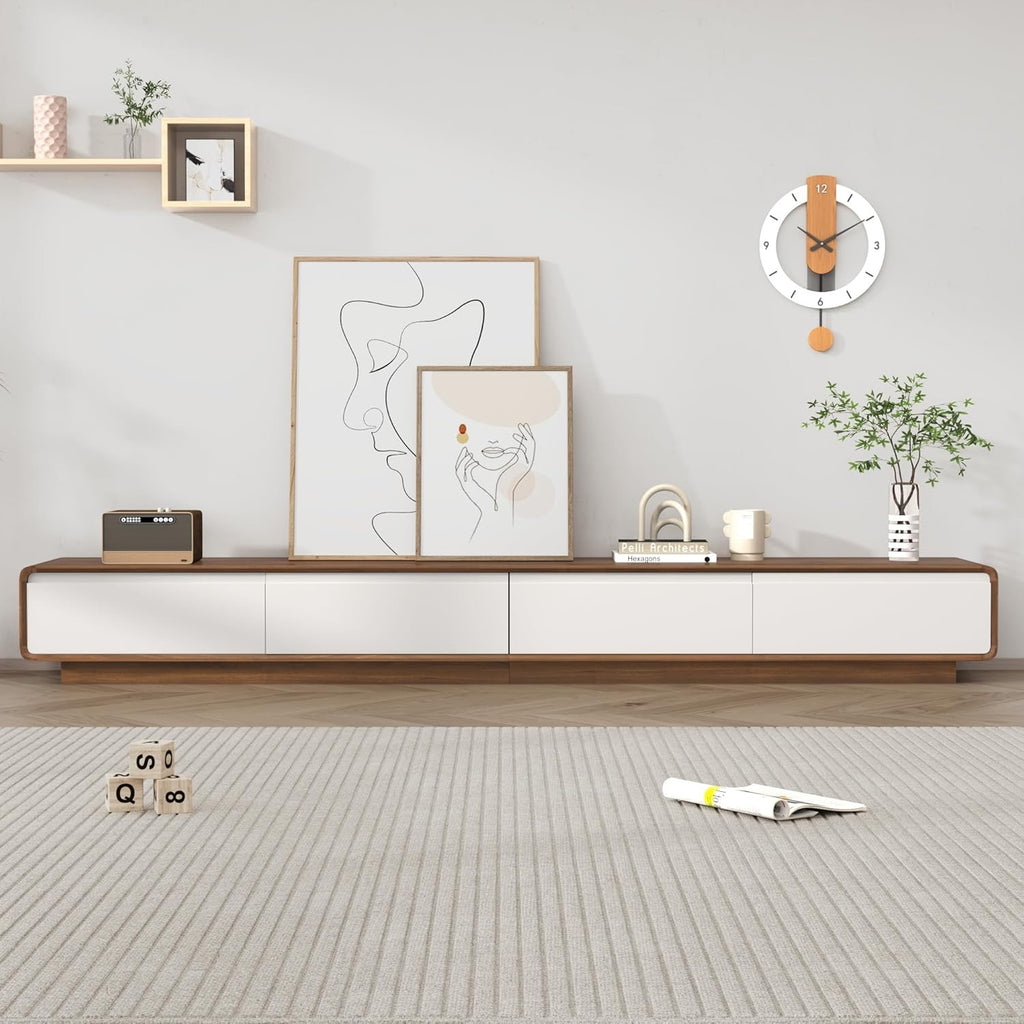 94.5” Floating TV Stand | Modern Wall-Mounted Media Console with Drawers (White & Walnut)