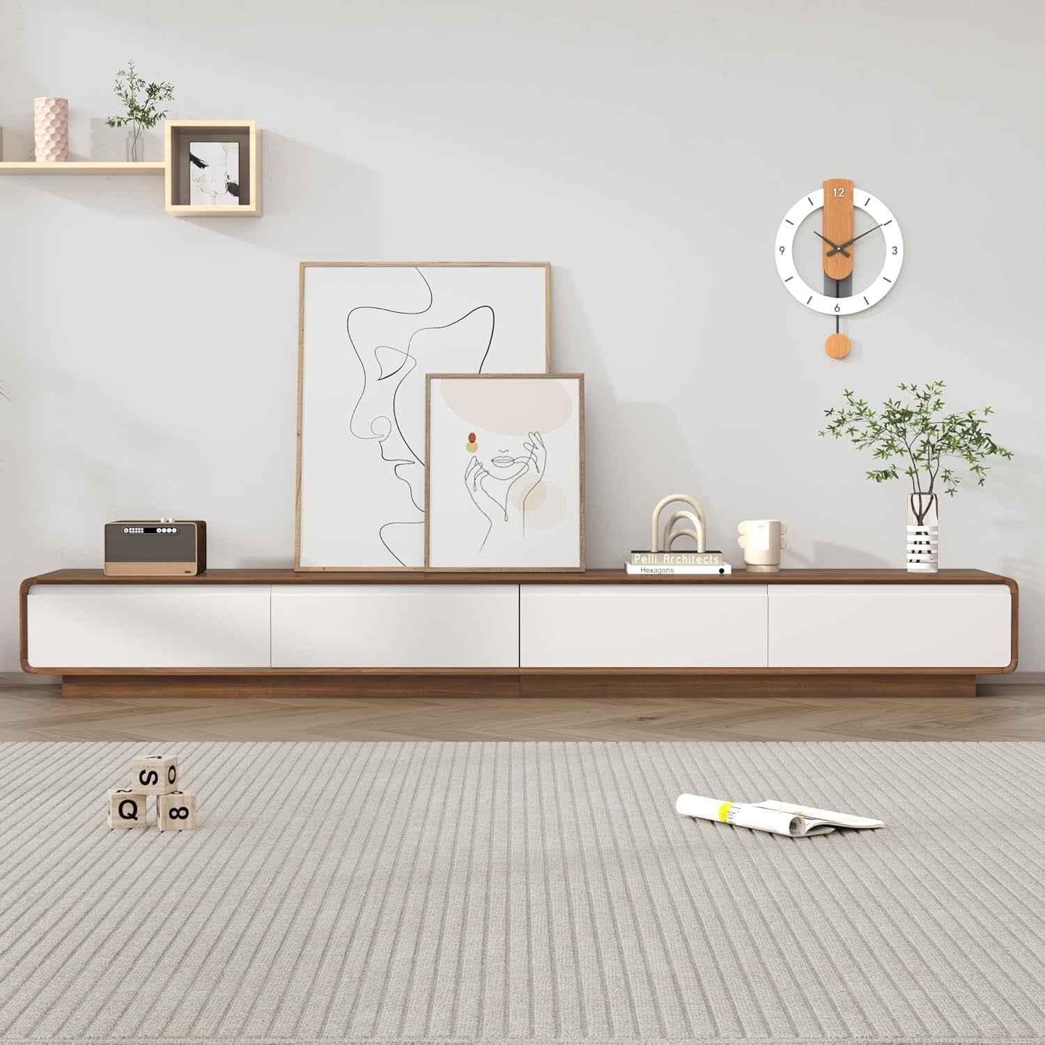 94.5” Floating TV Stand | Modern Wall-Mounted Media Console with Drawers (White & Walnut)