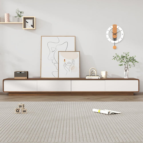 94.5” Floating TV Stand | Modern Wall-Mounted Media Console with Drawers (White & Walnut)