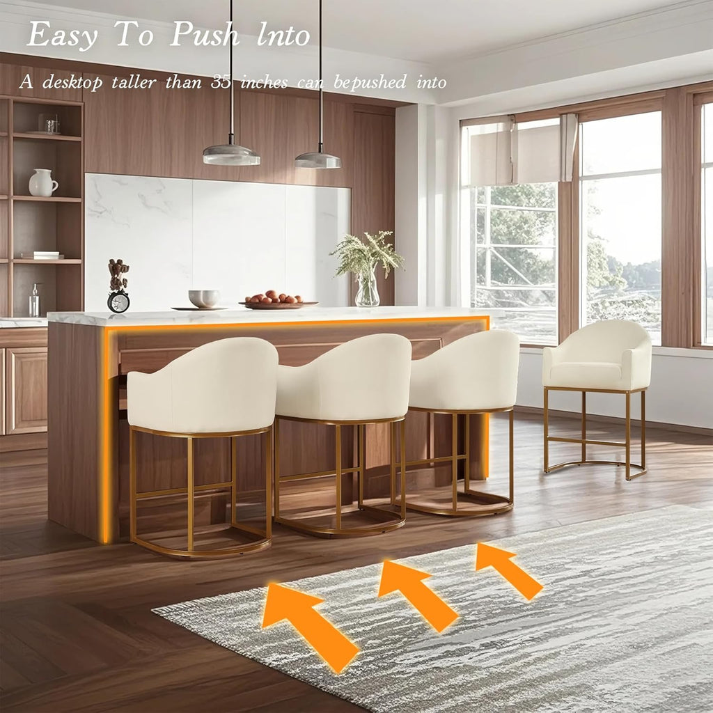 Counter Height Barrel Bar Stools Set of 3 Off White Linen | Modern Upholstered Kitchen Island Chairs with Gold Frame