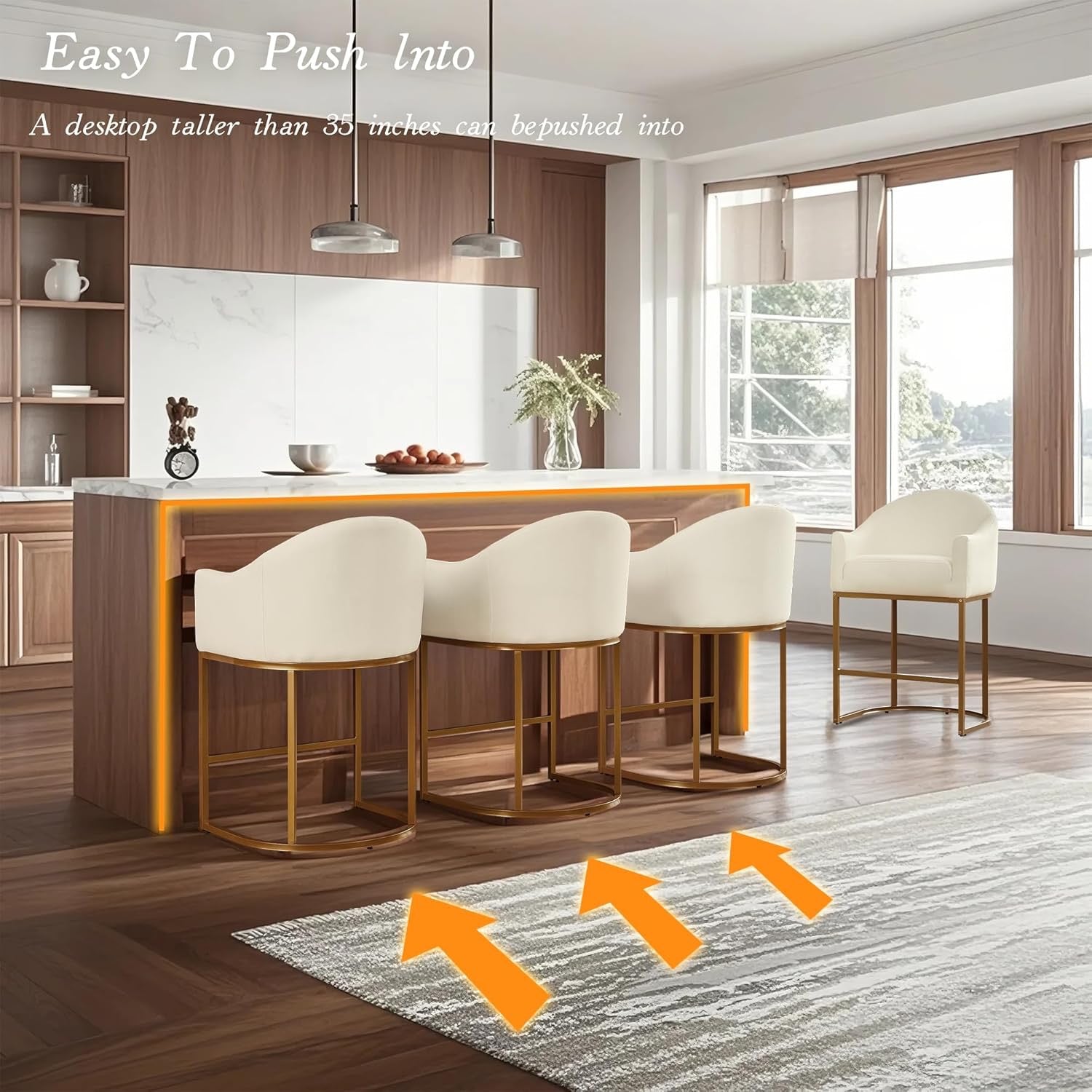 Counter Height Barrel Bar Stools Set of 3 Off White Linen | Modern Upholstered Kitchen Island Chairs with Gold Frame