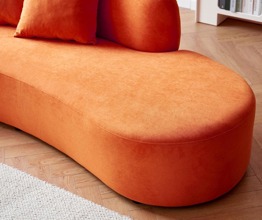 90” Curved Velvet Sofa (4-Seater) | Half-Moon Design with Throw Pillows, Red-Orange
