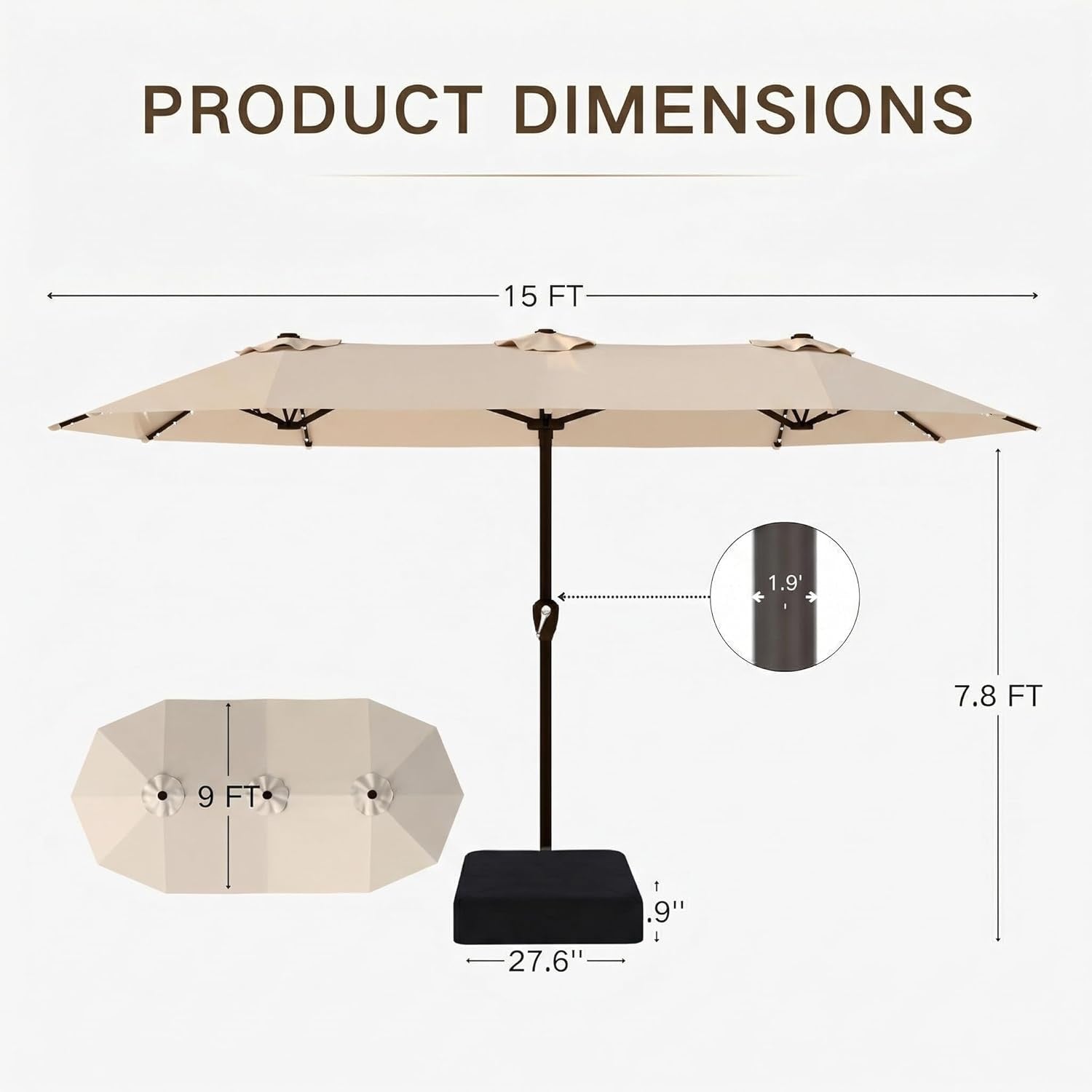 Kingdura 15’ Double-Sided Patio Umbrella with Solar LED Lights | Large Outdoor Market Umbrella with Base (Beige)