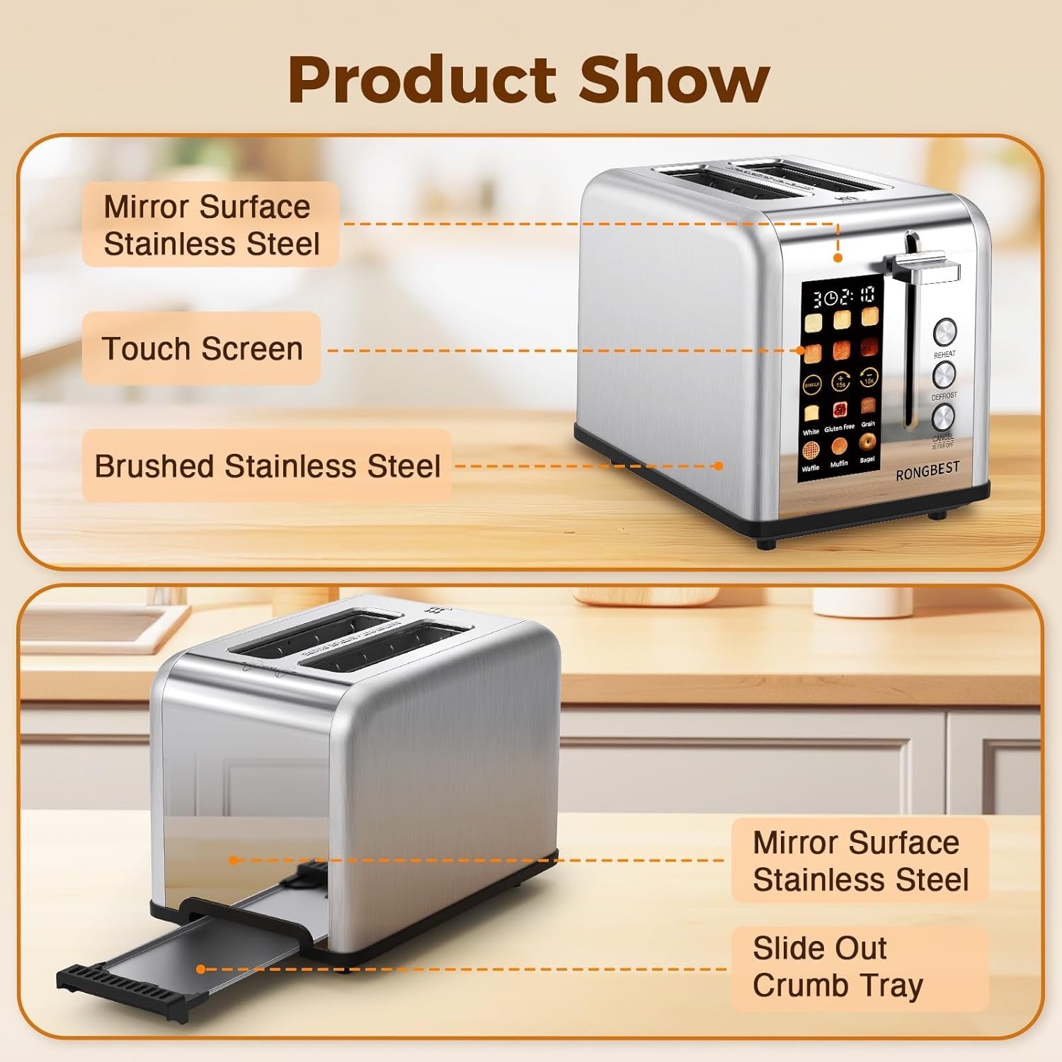 2-Slice Touchscreen Stainless Steel Toaster | Wide Slot Toaster with Reheat & Defrost