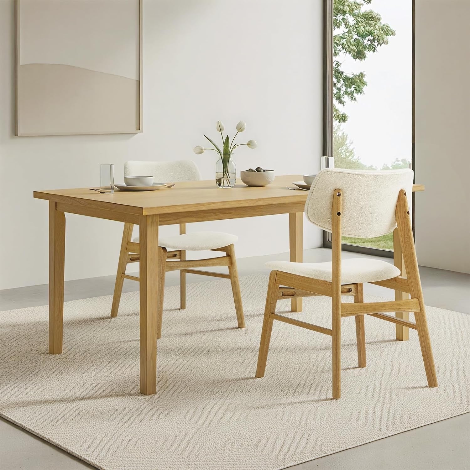 Wooden Oak Upholstered Dining Chairs Set of 2 | Modern Cream Fabric Kitchen & Dining Room Chairs