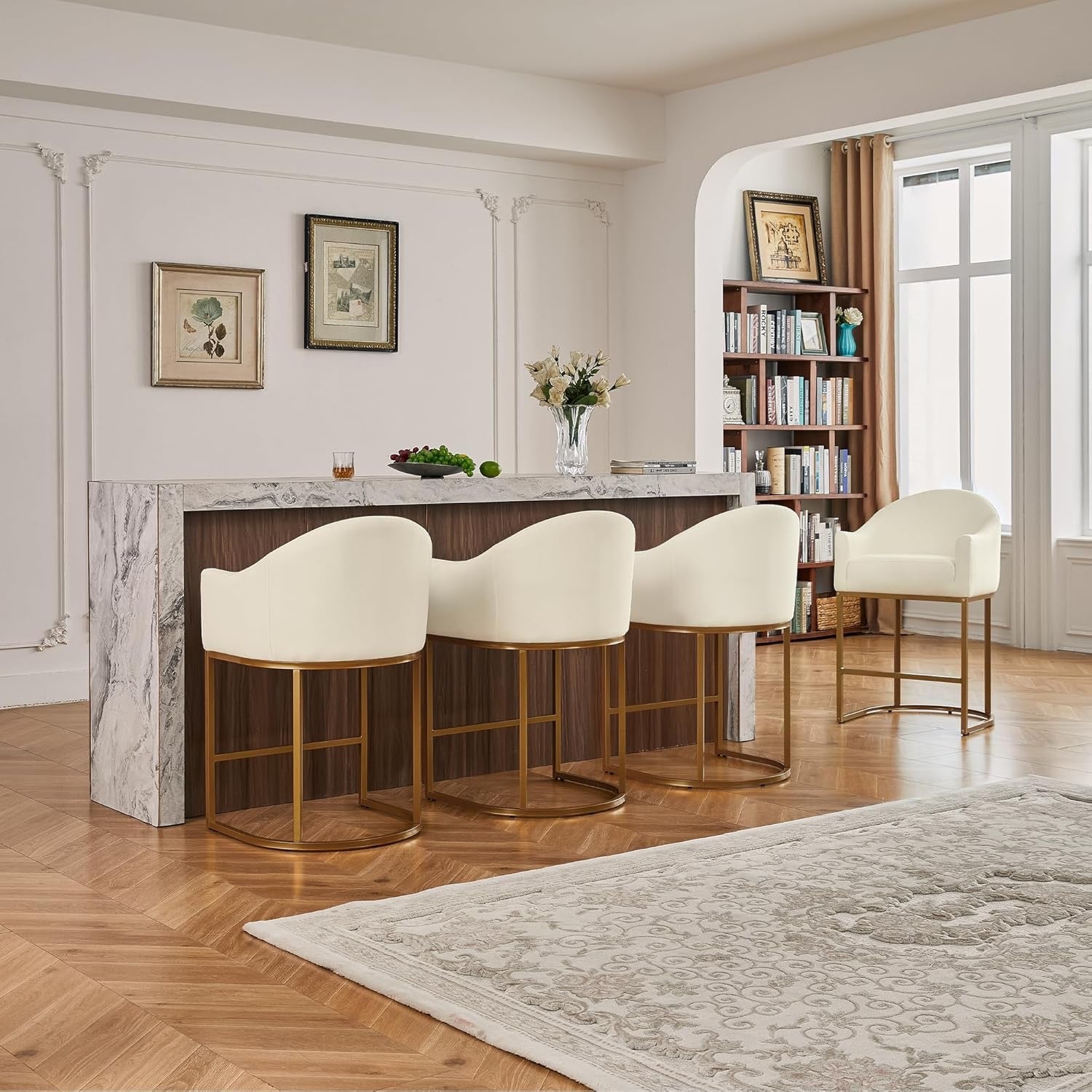 Counter Height Barrel Bar Stools Set of 3 Off White Linen | Modern Upholstered Kitchen Island Chairs with Gold Frame