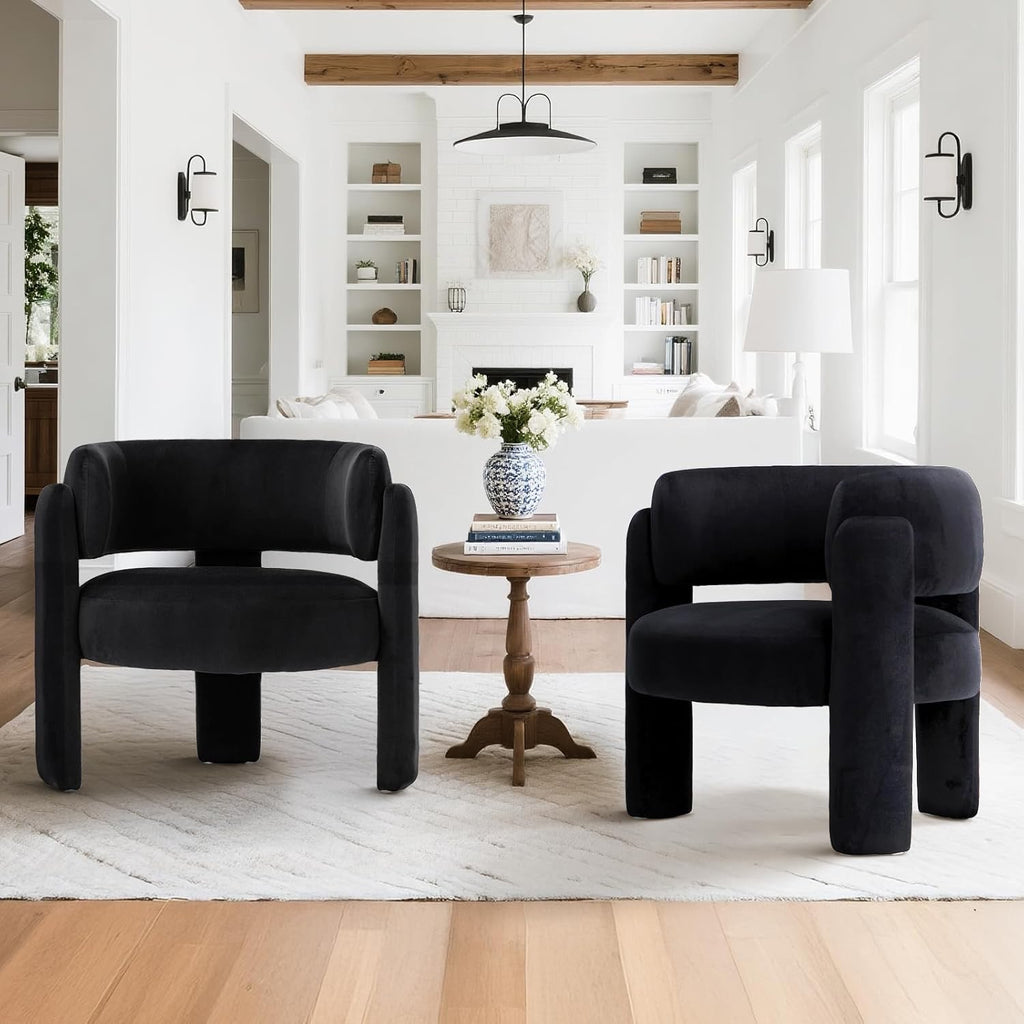 COLAMY Velvet Accent Chairs Set of 2 | Modern Upholstered Barrel Chairs Black Comfy Side Armchairs for Living Room Bedroom