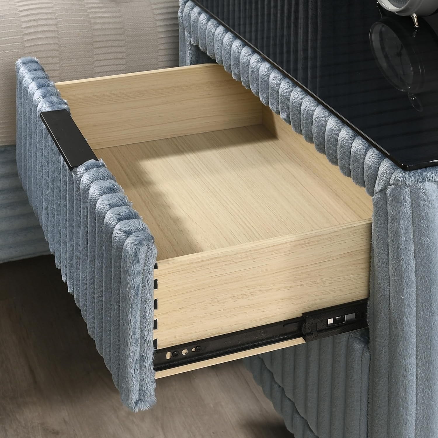 Blue Corduroy King Bed Set with Nightstands & Bench | Upholstered Panel Bed Bedroom Set