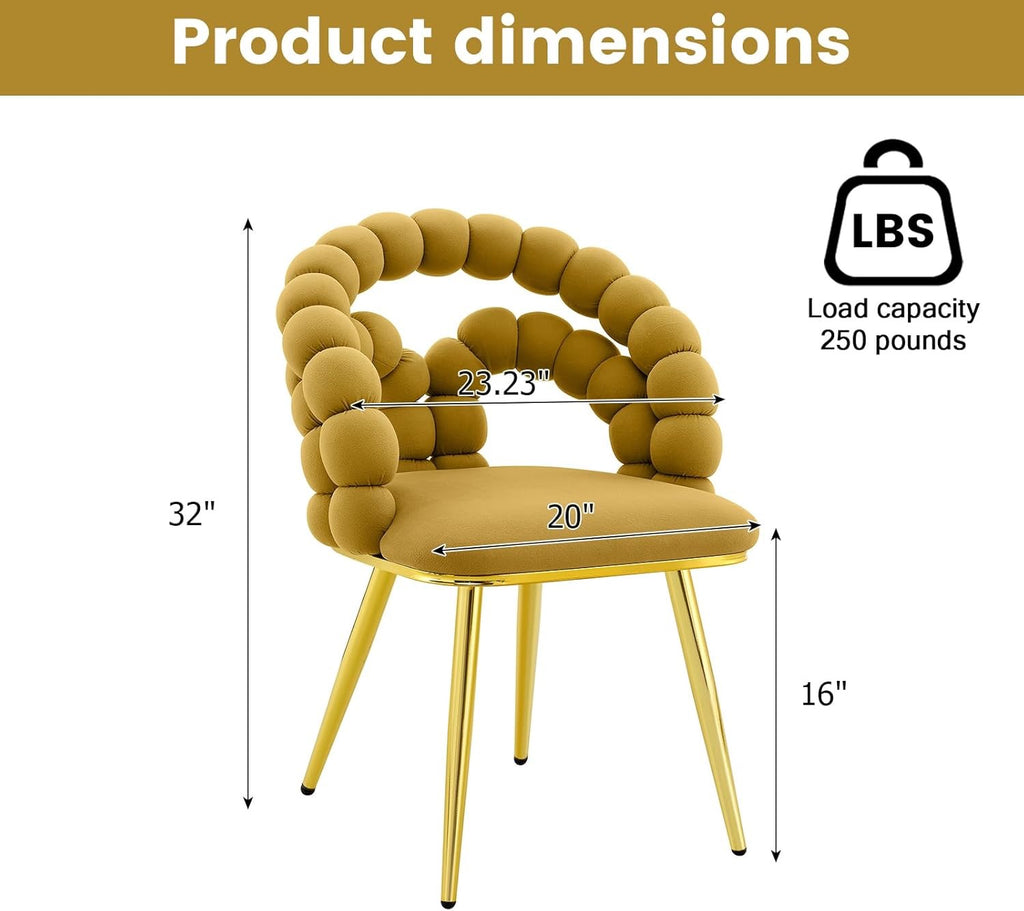Eifizek Modern Velvet Dining Chairs Set of 2 | Yellow Upholstered Bubble Design Chairs with Gold Legs