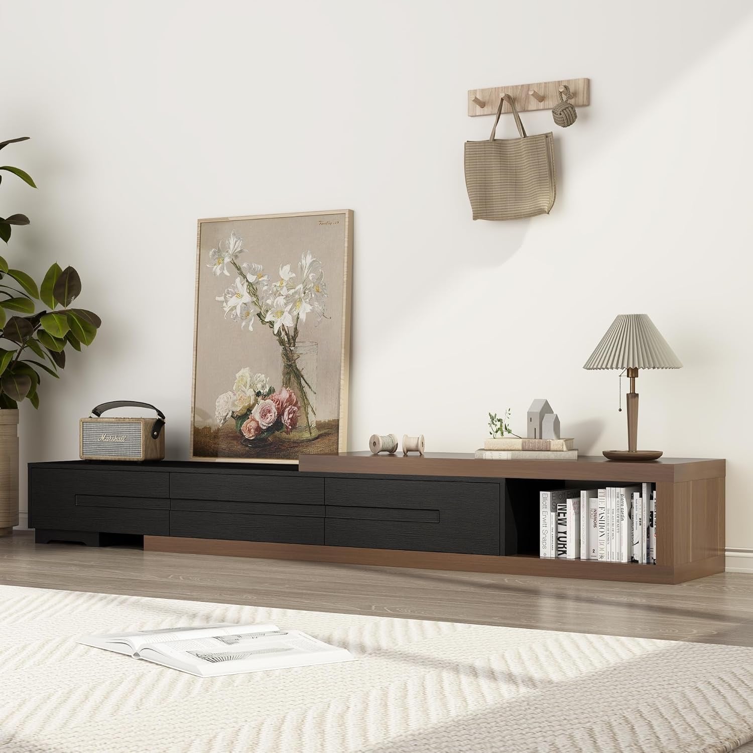 Extendable Modern TV Stand | Adjustable Wood Media Console for Up to 120” TVs (Black & Walnut)