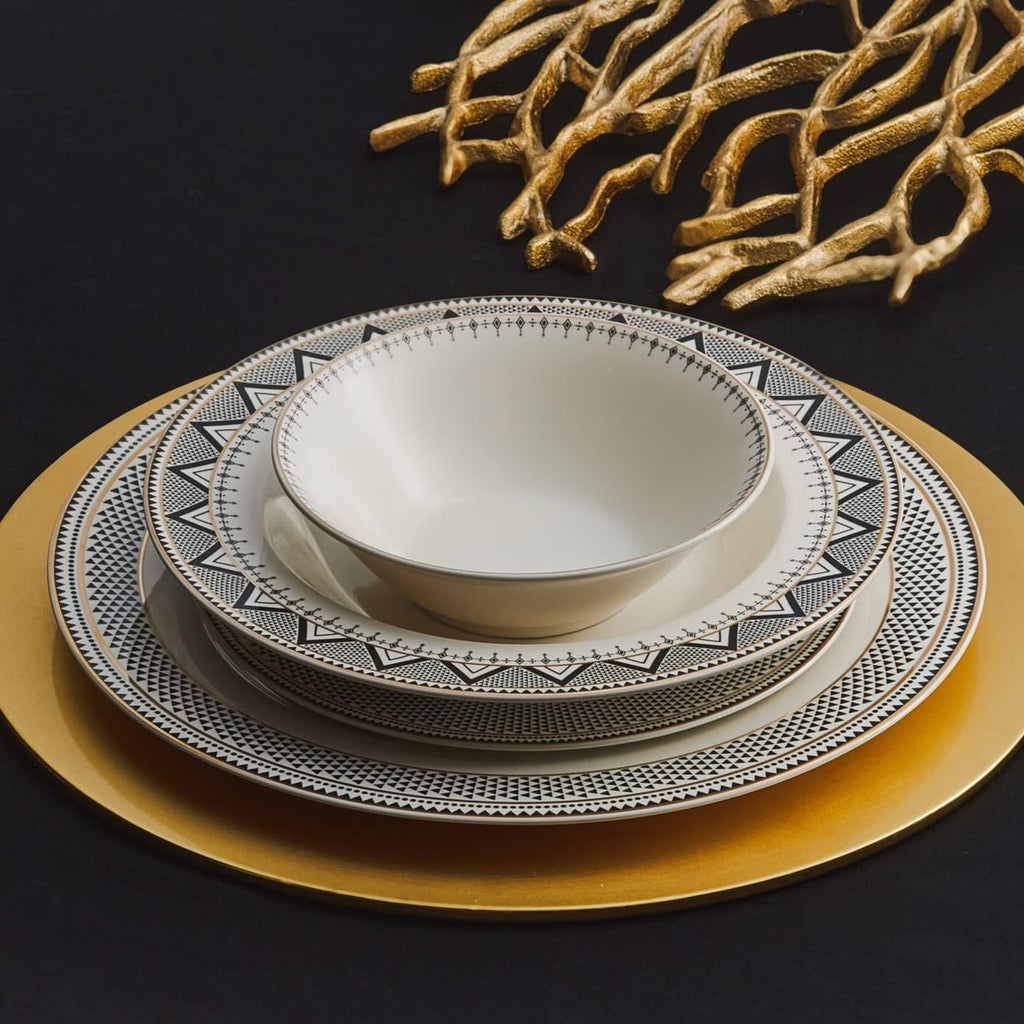 Karaca Globe 24 Piece Dinnerware Set for 6 | Modern Porcelain Plates Bowls Set White Black Geometric Design