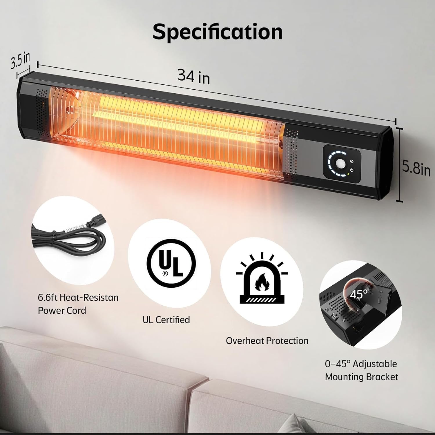 34” Wall-Mounted Electric Patio Heater | 1500W Infrared Outdoor Heater with Motion Sensor & Remote