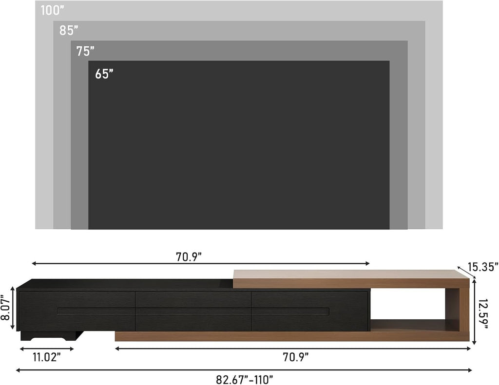 Extendable Modern TV Stand | Adjustable Wood Media Console for Up to 120” TVs (Black & Walnut)
